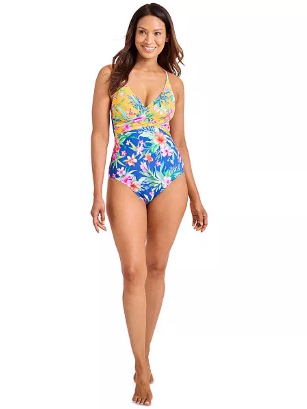 Tommy Bahama Tropical Floral Colorblock One-Piece - Yellow & Blue